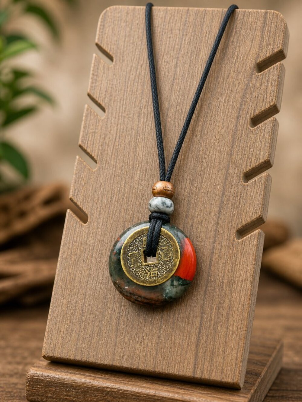 African Bloodstone & Lucky Coin Pendant Necklace | Handmade - Picture 3 of 7